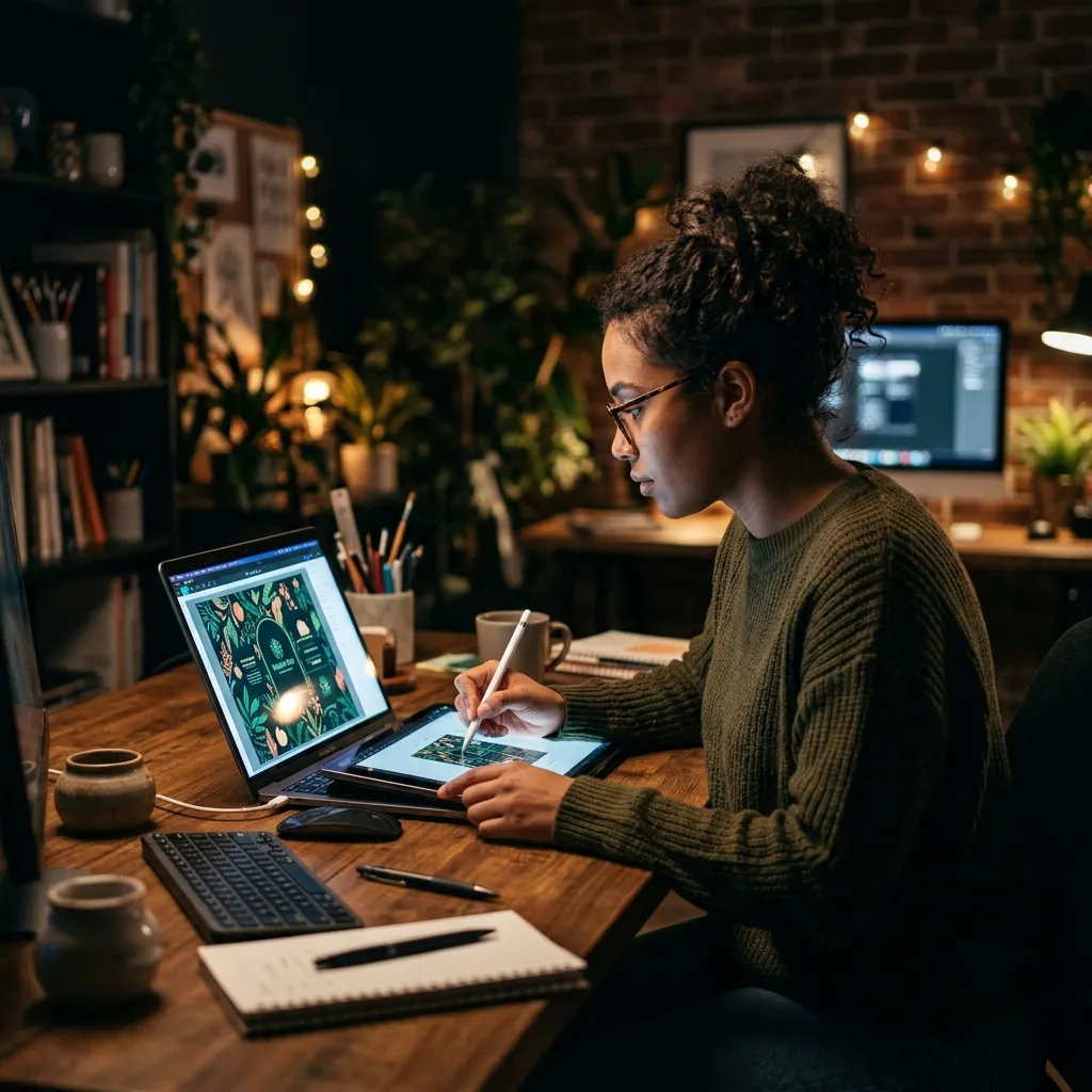 Designer working at laptop with 3D models